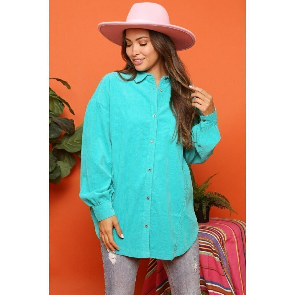 Smiley Face Patch Corduroy Shacket in Jade - Picture 2 of 6
